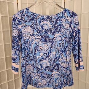 Lilly Pulitzer small Waverly top in blue and pastel pink aquatic print